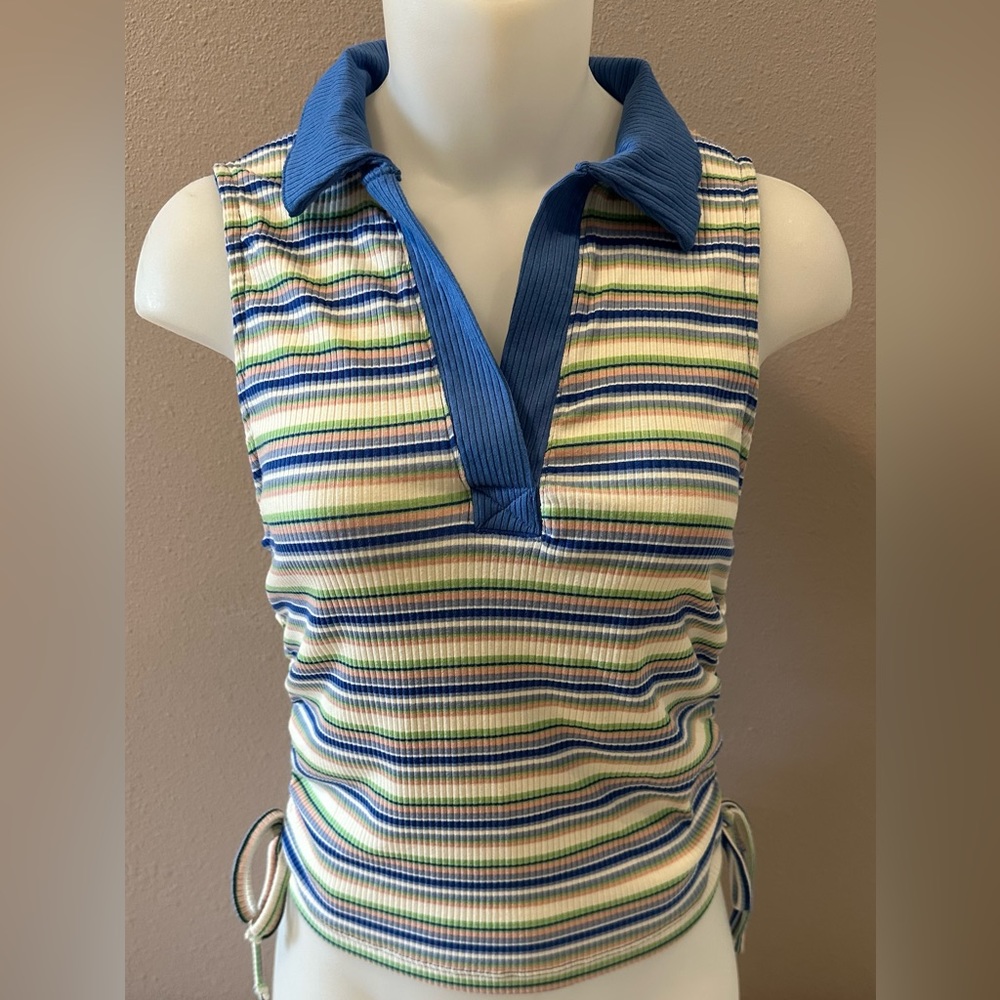 Collared V-Neck Striped Top with Tie & Ruching - NWT